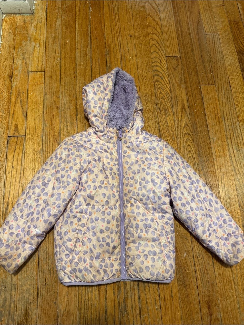 Nordstrom Lilac Hooded Puffer Jacket with Heart Dot Print